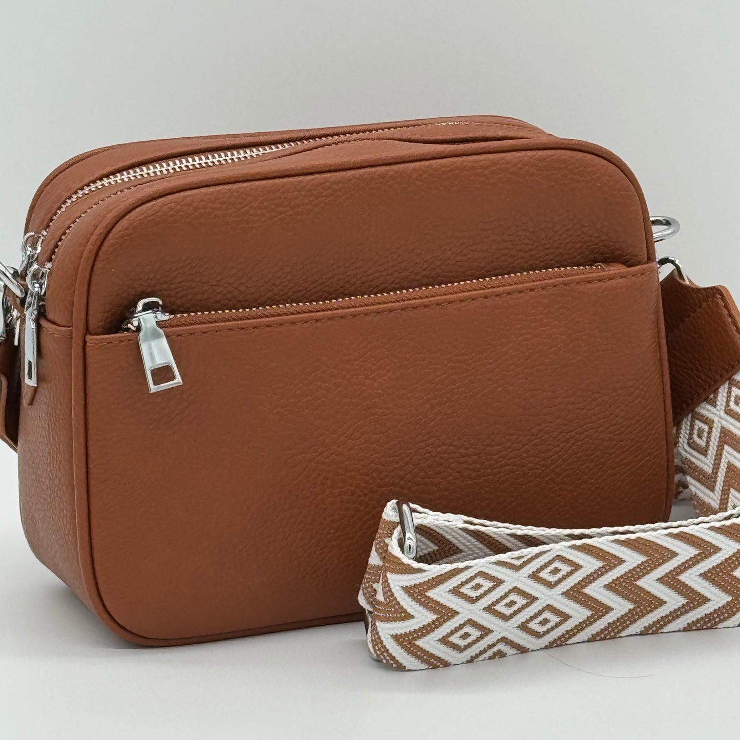 Faux Leather Twin Zip Crossbody Bag