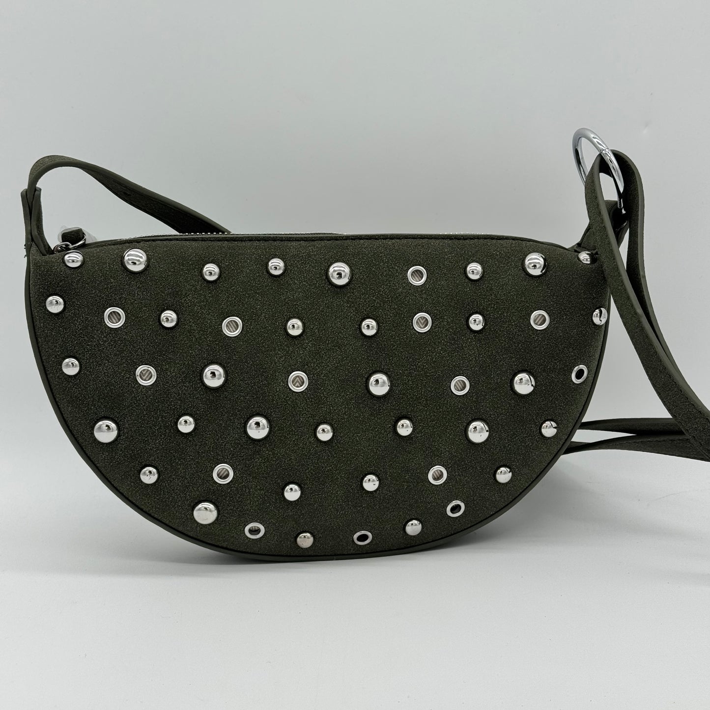 Faux Suede Studded Half Moon Bag
