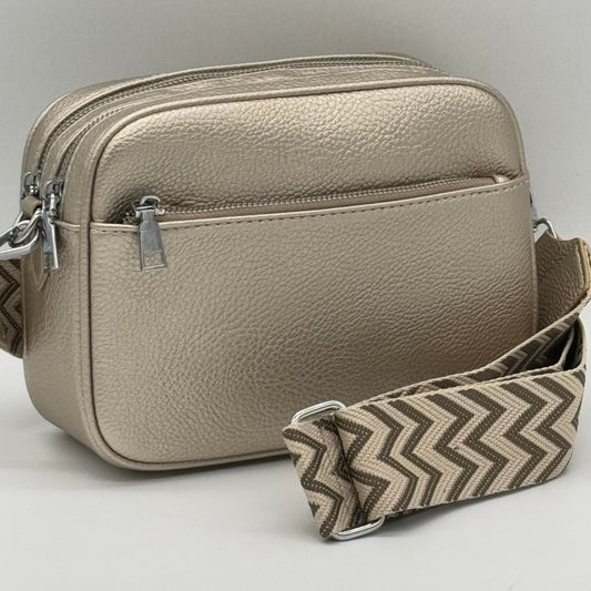 Faux Leather Twin Zip Crossbody Bag