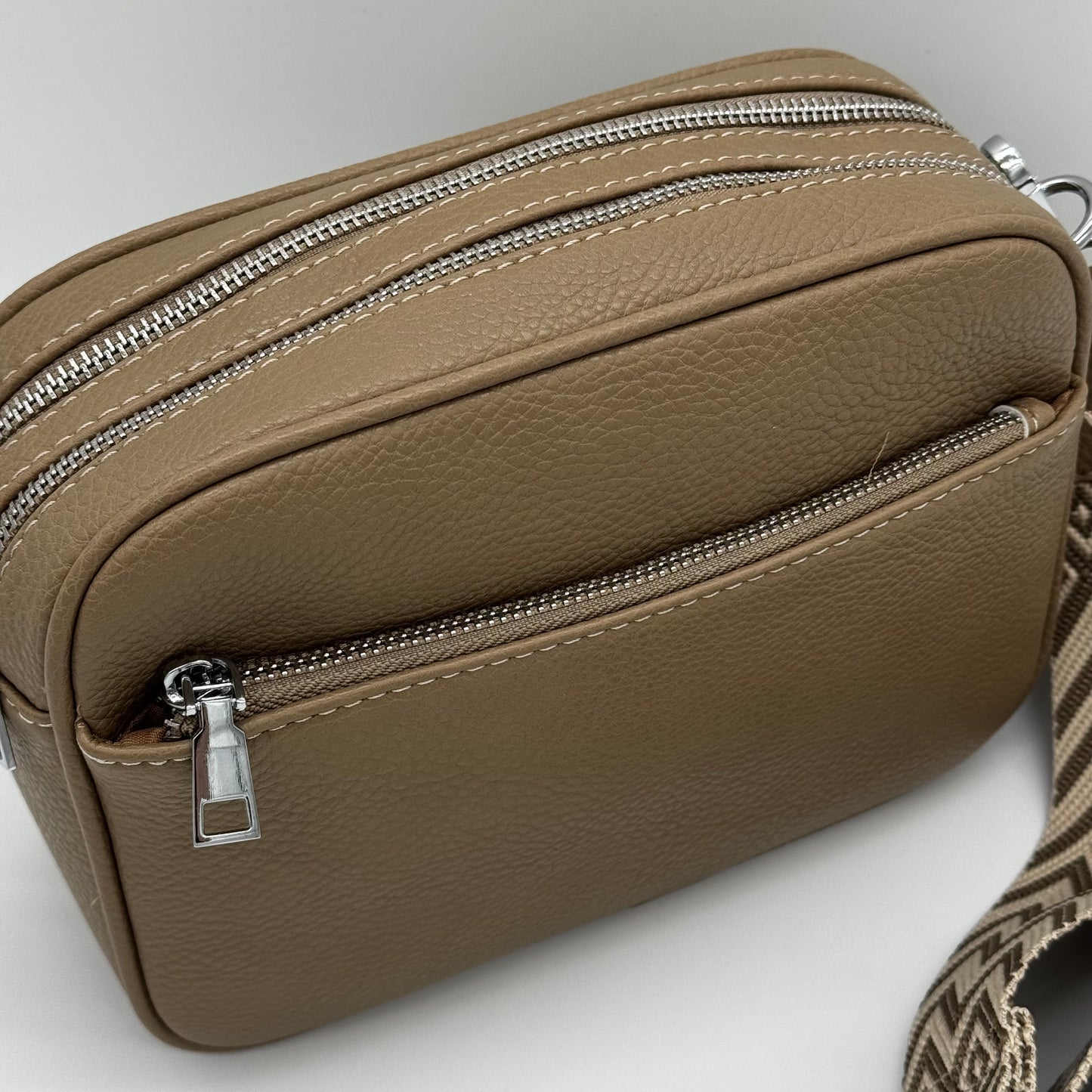 Faux Leather Twin Zip Crossbody Bag