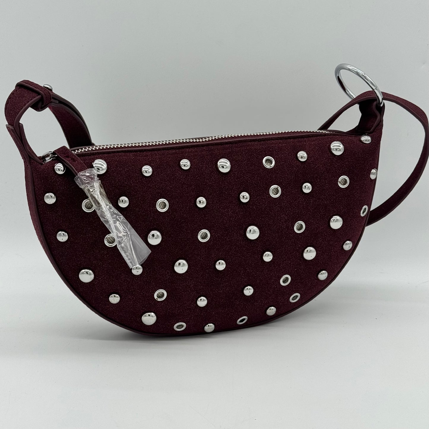Faux Suede Studded Half Moon Bag