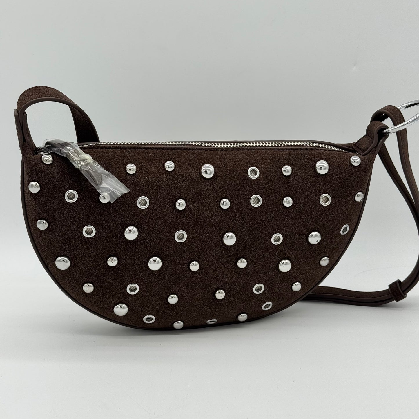 Faux Suede Studded Half Moon Bag