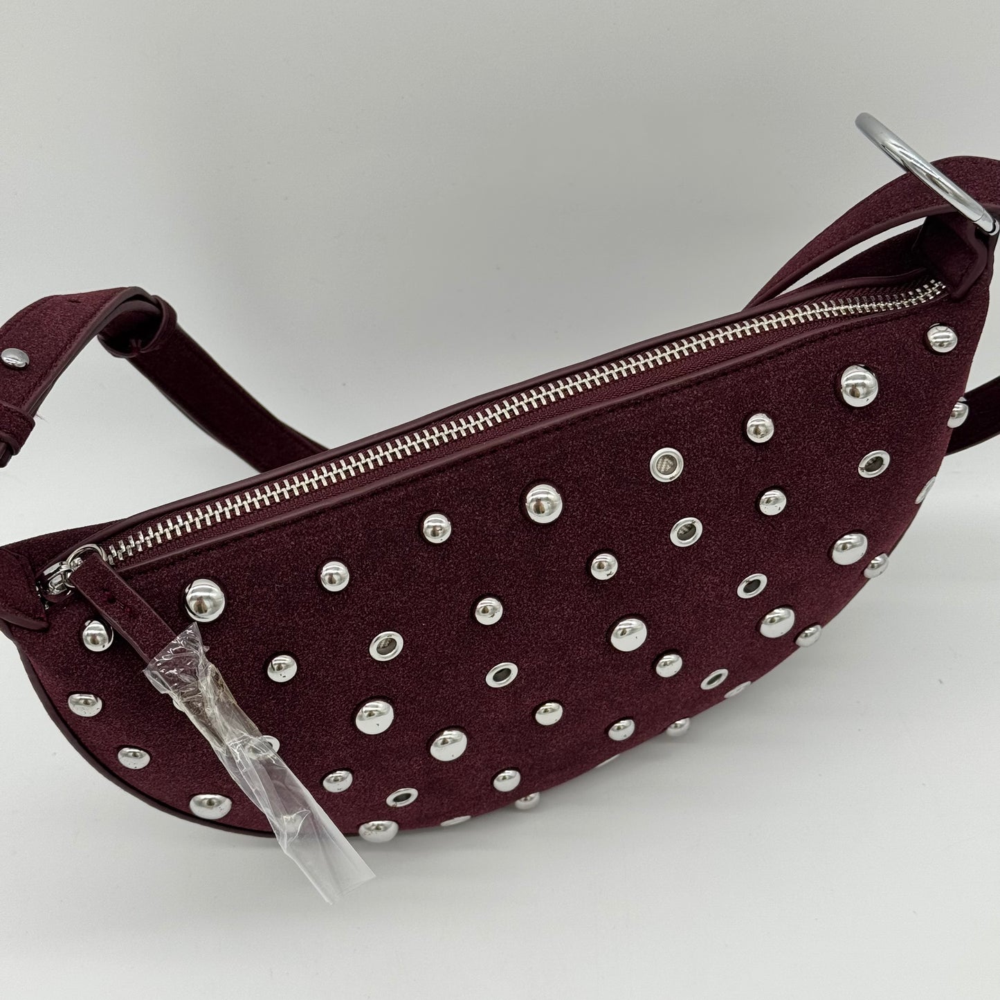 Faux Suede Studded Half Moon Bag