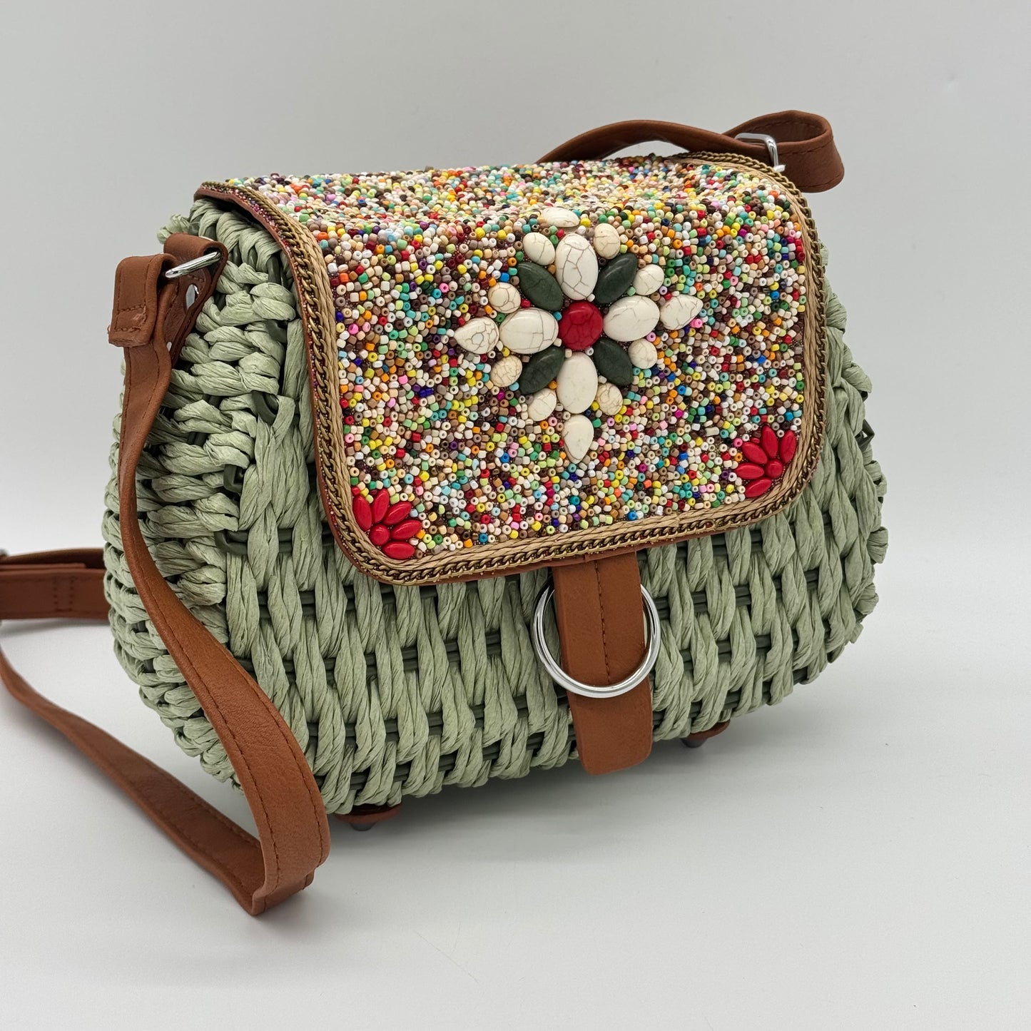 Straw Beaded Crossbody Bag